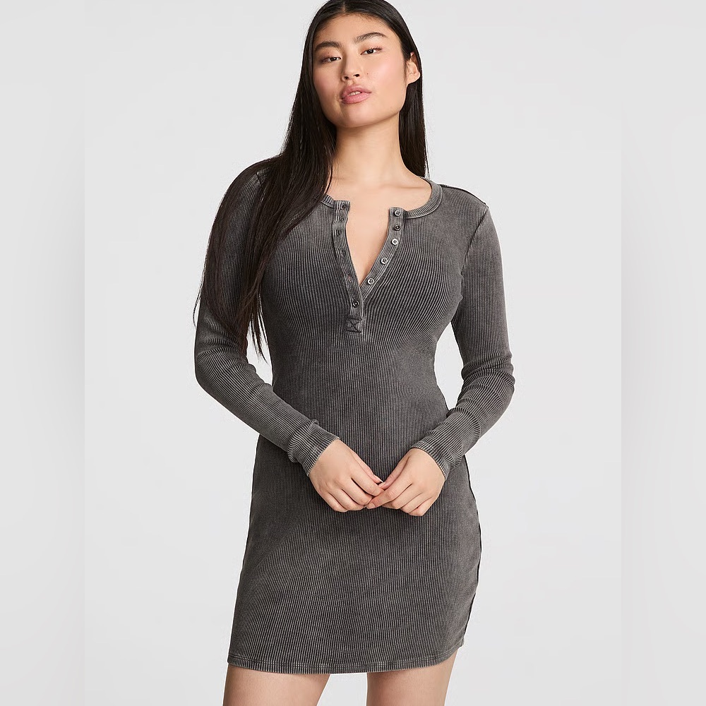 Washed Rib-Knit Long Sleeve Henley Dress - Gray LIKE NEW